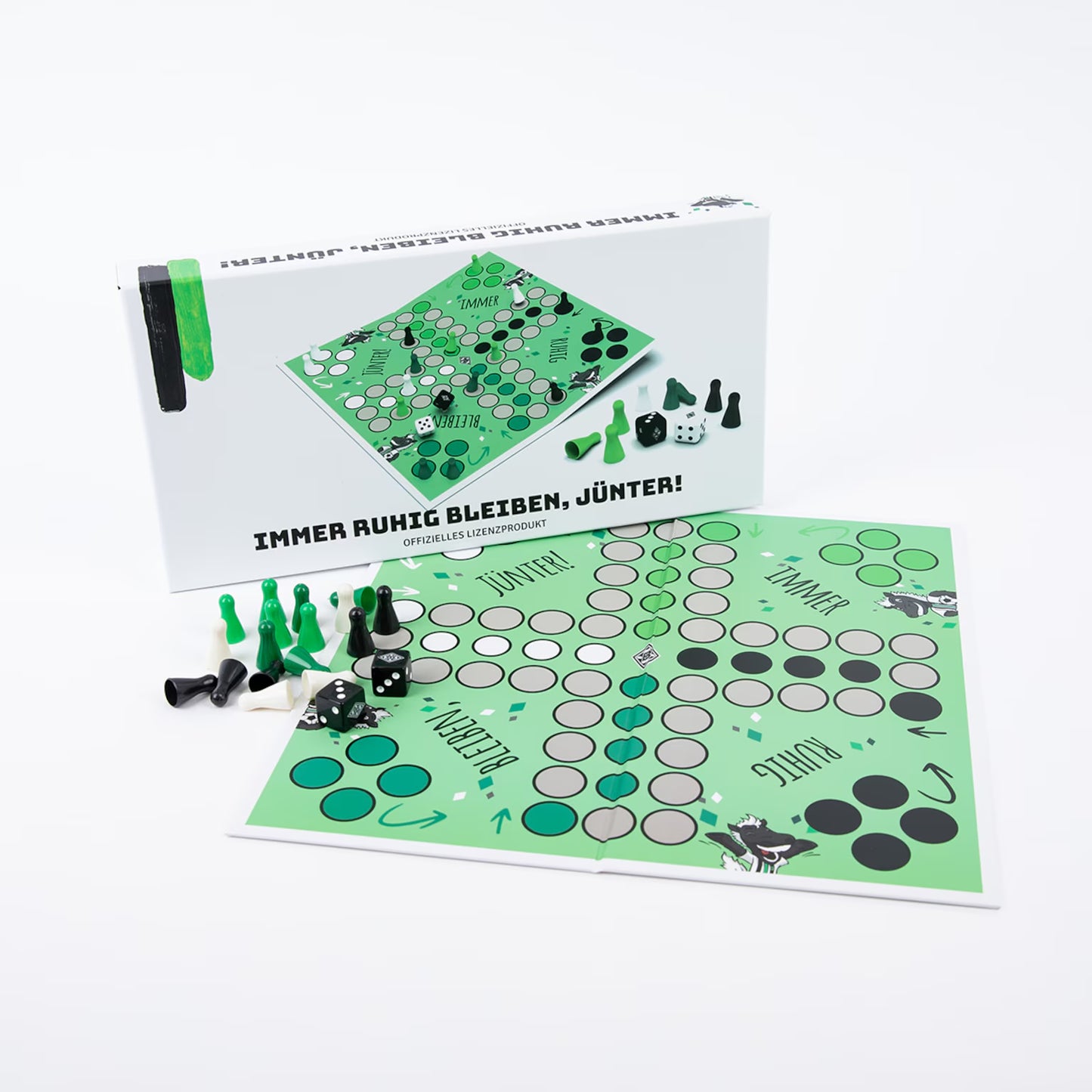 Brettspiel Gesellschaftsspiel Borussia Mönchengladbach in der Art wie Mensch ärgere dich nicht im Borussia Design.