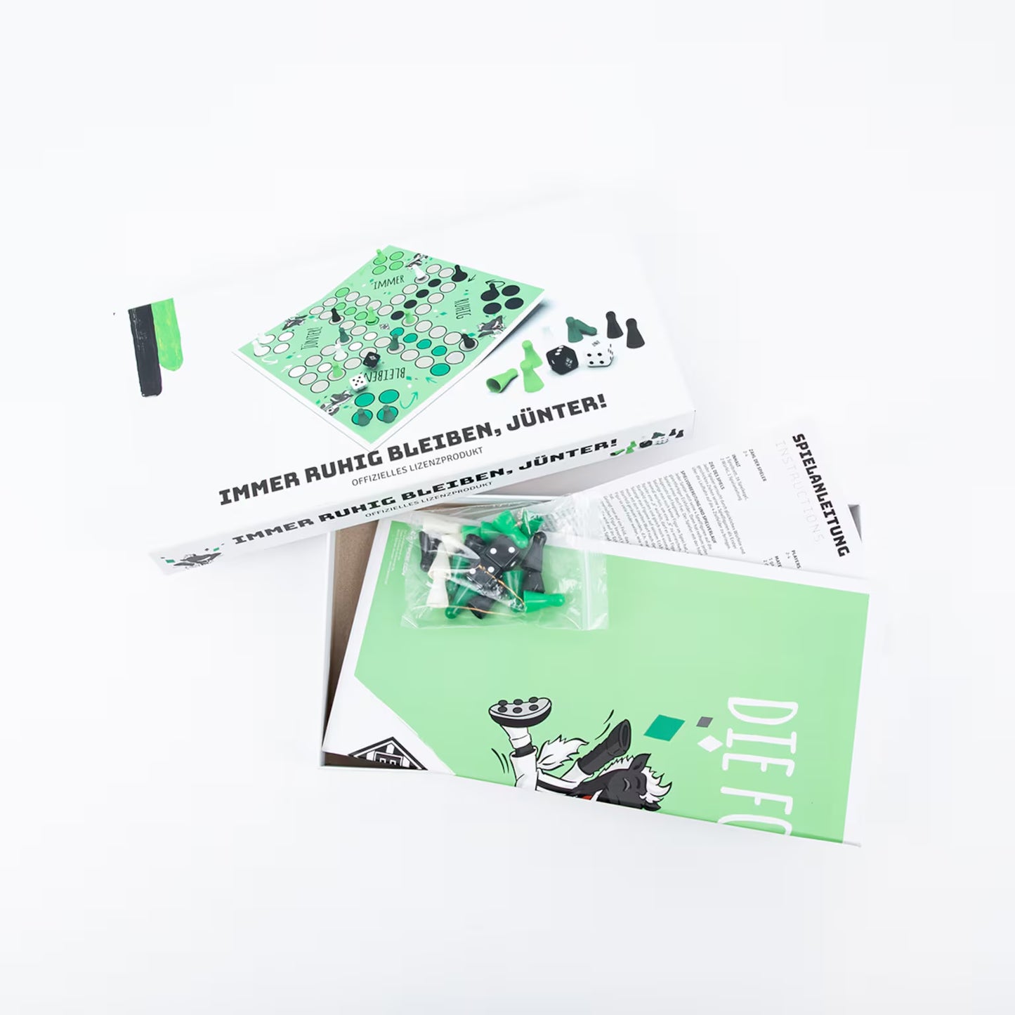 Brettspiel Gesellschaftsspiel Borussia Mönchengladbach in der Art wie Mensch ärgere dich nicht im Borussia Design.